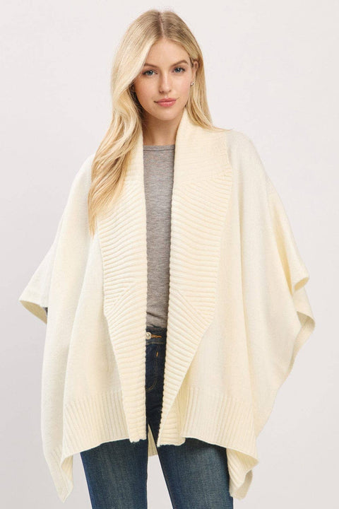 MS0455 Soft Knit Open Front Shawl With Ribbed Trim: Ivory
