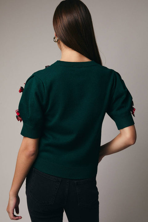 Green Sweater with Mini Tartan Bows