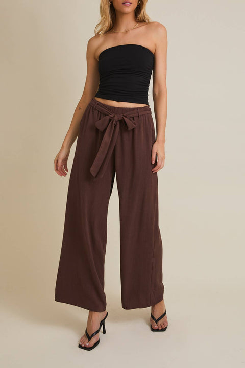 GILLI-WAIST TIE WIDE LEG PANTS: CHOCOLATE / L-Pink Dot Styles
