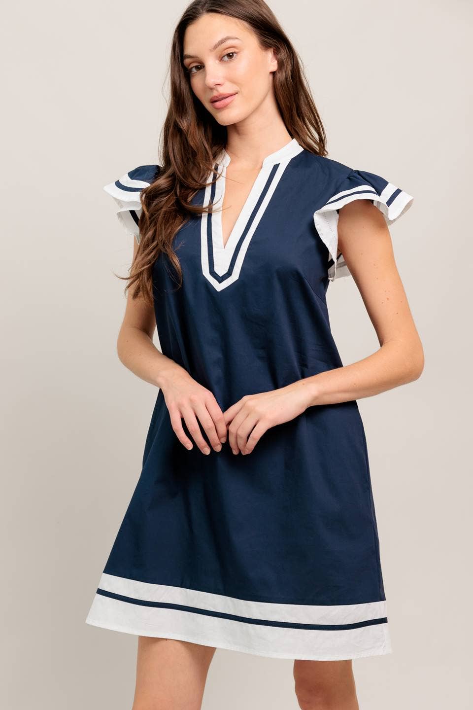 navy blue and white colorblock dress Tween Girl Casual Commute Elegant Navy Blue & White Color Block Button  Decor Ruffle Hem Fitted Long Sleeve Dress, Autumn/Winter