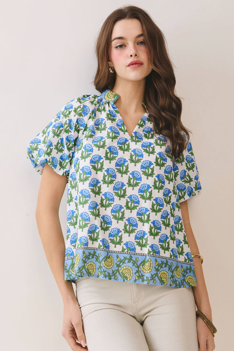 Floral Print Bubble Sleeve Top