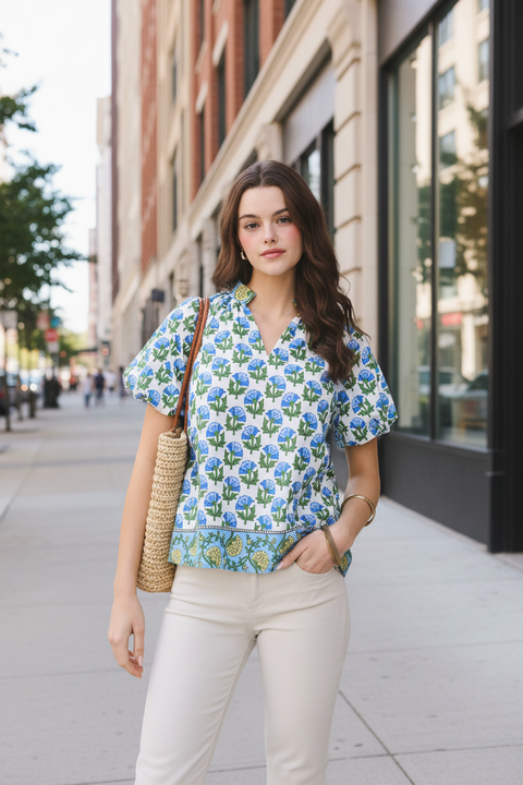Floral Print Bubble Sleeve Top