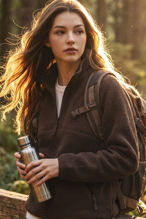 Sherpa Fleece Half Zip Pullover-Chocolate Brown