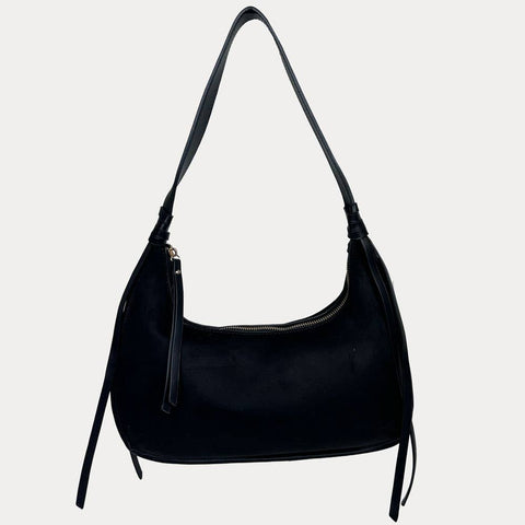 Sara Solid Suede Shoulder Bag w/ Tassels: Cream