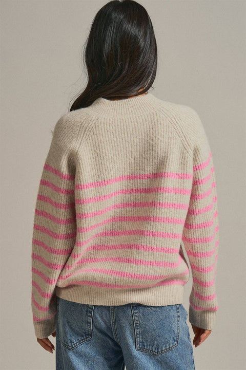 Striped Mock Neck Sweater with Gold Buttons: Pink Beige