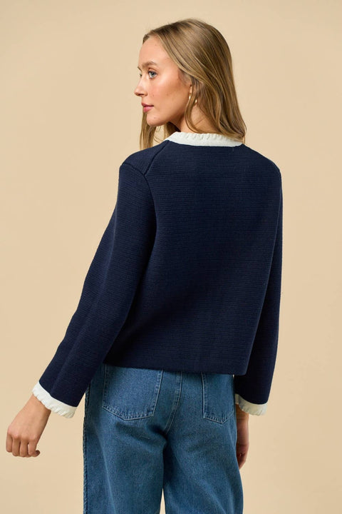 Lalavon-ILT6336 Loop Detail Sleeve Cardigan Top : NAVY-OFF WHITE / S-Pink Dot Styles