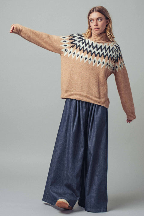 Fair Isle Knit Turtleneck Sweater: Taupe