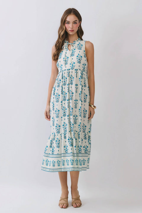 Blue & White Floral Tiered Midi Dress