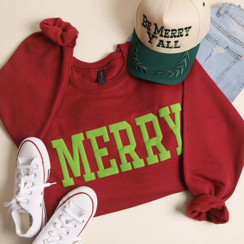 MERRY Puff Raised Letter Heavyweight Sweatshirt: WHITE