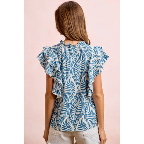 Botanical Printed Ruffle Sleeve Top