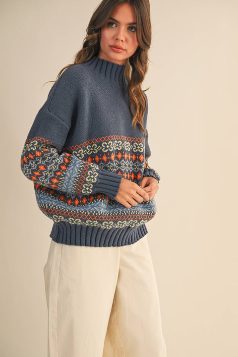 Contrast Stripe Mock Neck Sweater