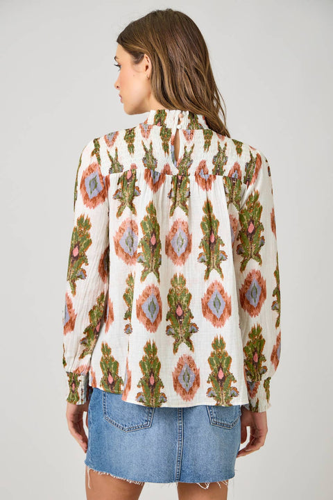 Mystree-Block Print Smocked Blouse-Pink Dot Styles