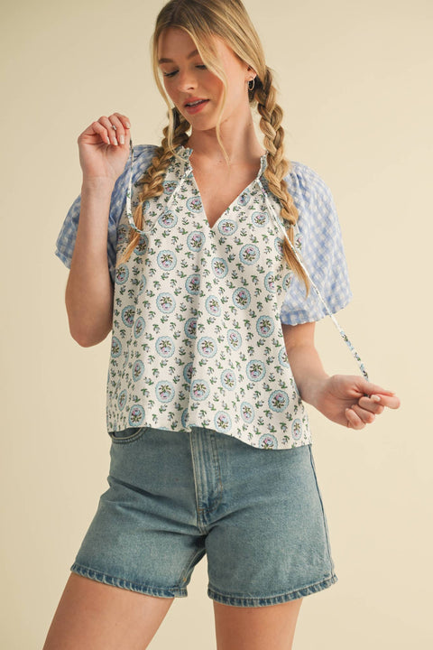 &MERCI-CONTRAST PRINT BUBBLE SLEEVE TOP MTP3562: Baby Blue Multi / M-Pink Dot Styles