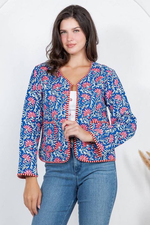 Floral Quilted Cotton Jacket - Blue