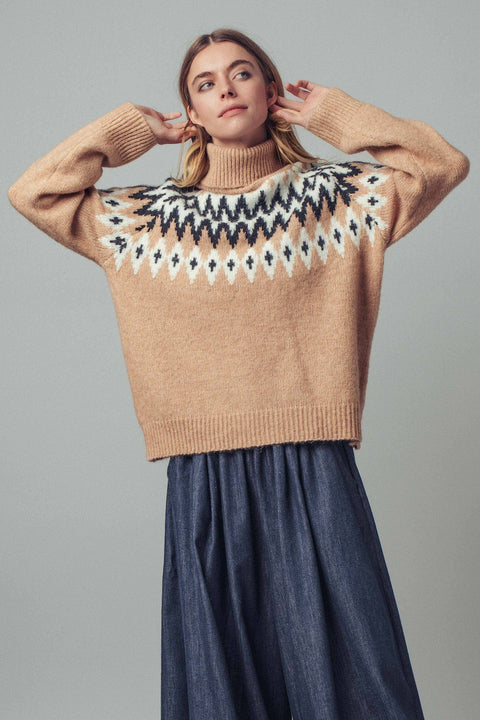 Fair Isle Knit Turtleneck Sweater: Taupe