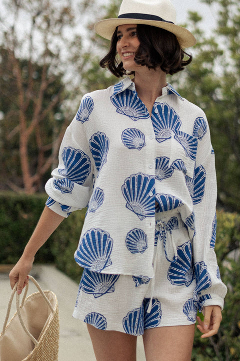 Urban Daizy-Seaside Blue Shell Cotton Gauze Shirt & Short Set-Pink Dot Styles