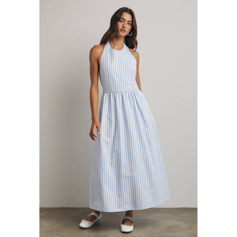 Wishlist Apparel-Striped Halter Maxi Dress: Sky Blue and White-Pink Dot Styles
