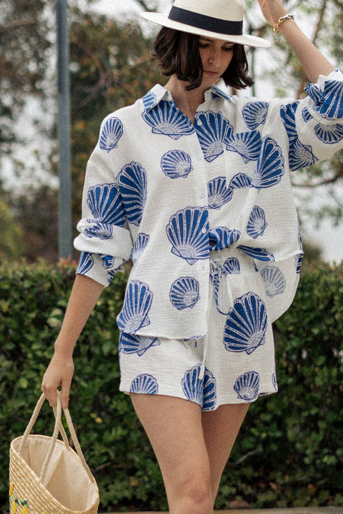 Urban Daizy-Seaside Blue Shell Cotton Gauze Shirt & Short Set-Pink Dot Styles