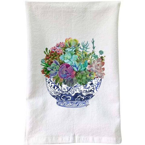 B McVan Designs-Blue & White - Bowl of Succulents Flour Sack Towel-Pink Dot Styles