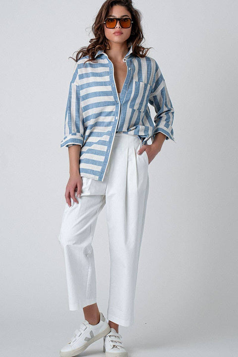 Mixed Stripe Pattern Oversized Button Down Shirt: Blue