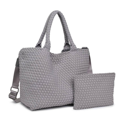 Sol and Selene-Sky's The Limit Medium Woven Neoprene Tote: Fog-Pink Dot Styles