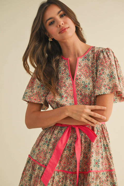 Coral Multi Color Printed Midi Dress
