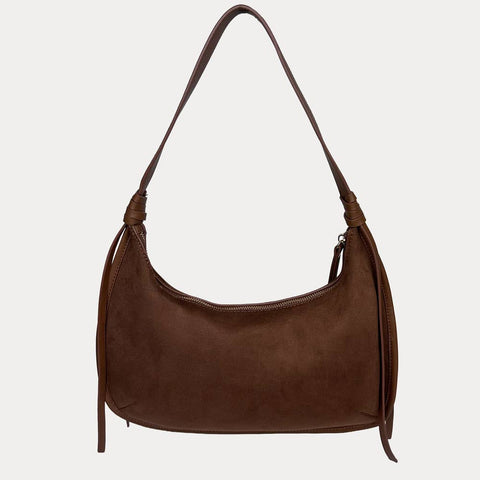 AHDORNED-Sara Solid Suede Shoulder Bag w/ Tassels: Chocolate-Pink Dot Styles