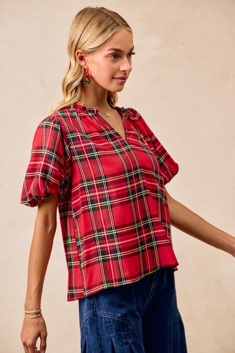 Tartan Short Sleeves Ruffled Blouse