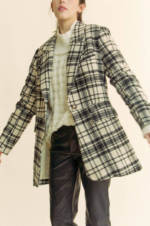 Davi & Dani-PLAID PLEATED DETAIL LONG SLEEVE BLAZER JACKET: IVORY BLACK / S-Pink Dot Styles