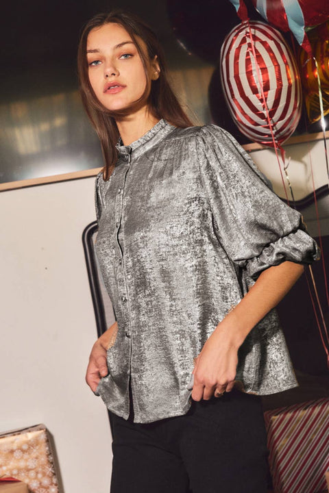 Shimmer Foiled Button Front Blouse: Champagne Gold