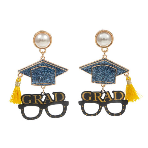 Enamel Tassel Grad Hat Glasses Pearl Dangle Earrings