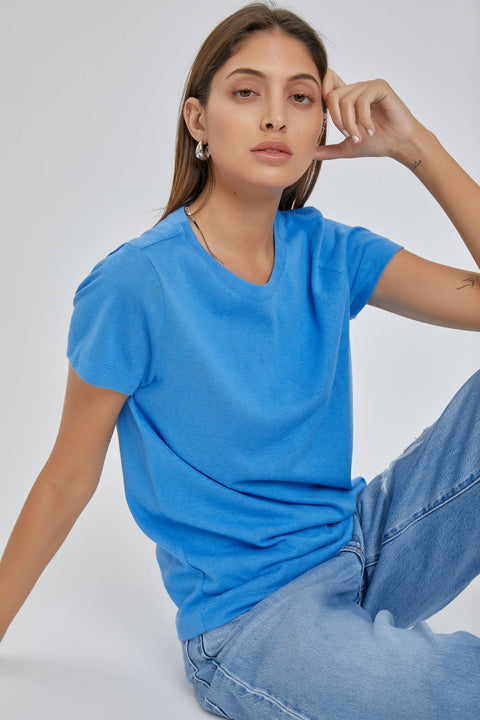 Basic Short Sleeve Slub Top Blue