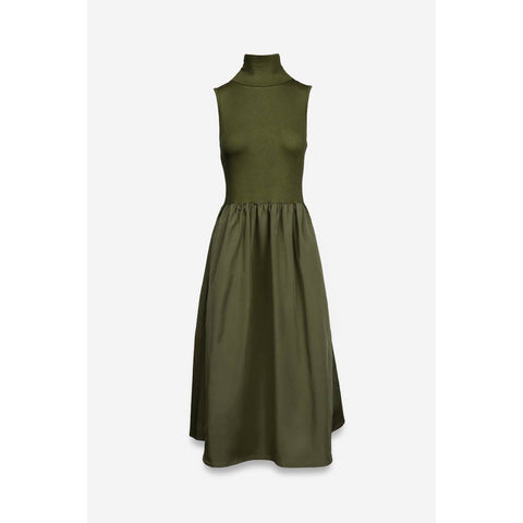 Naked Zebra-Sleeveless Mock Neck Maxi Dress: Olive / L-Pink Dot Styles