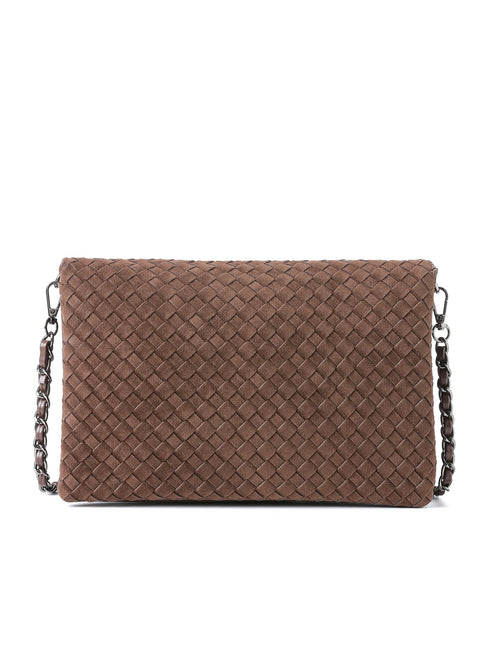 Lexi Chocolate | Woven Suede Flap Crossbody / Convertible Clutch