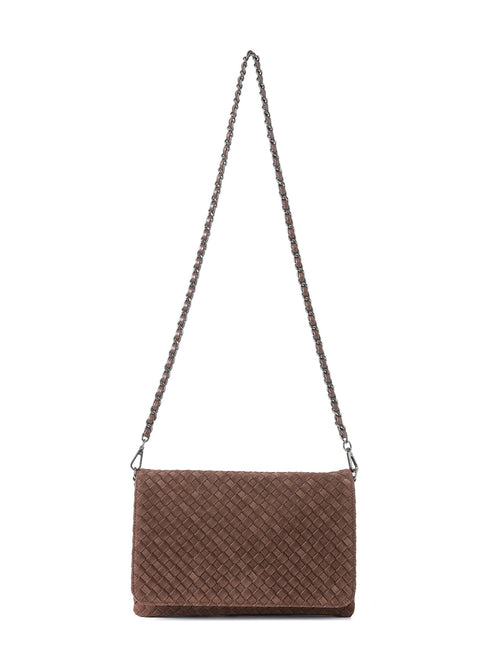 Lexi Chocolate | Woven Suede Flap Crossbody / Convertible Clutch