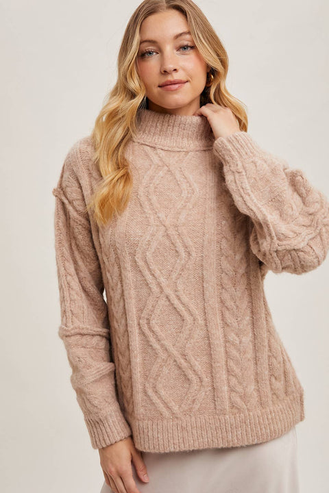 Turtleneck Cable Knit Sweater: Latte