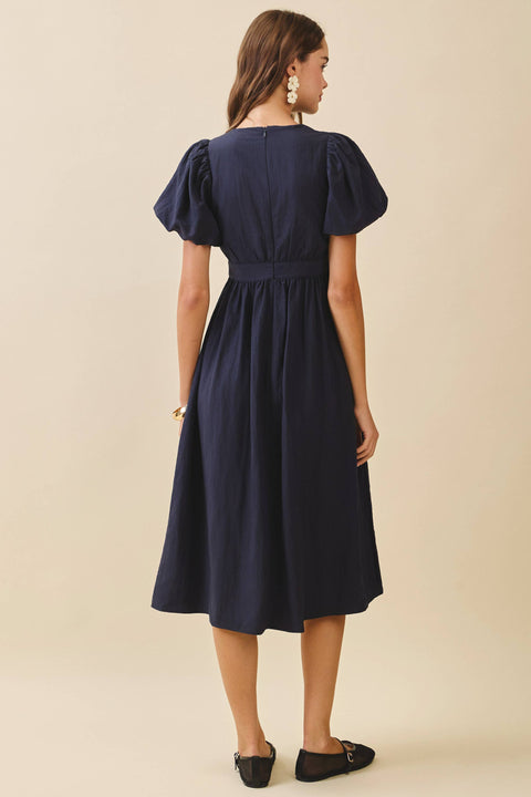 Navy Puff Sleeve Midi Dress