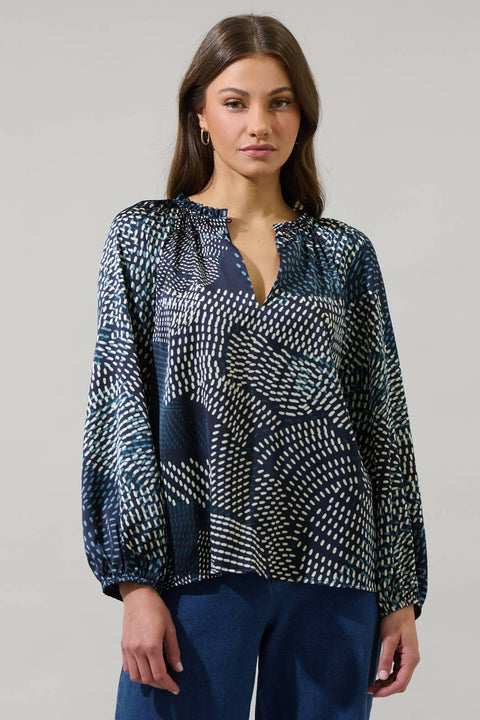 Kirby Geometric Jovie Split Neck Satin Raglan Blouse: NavyCream