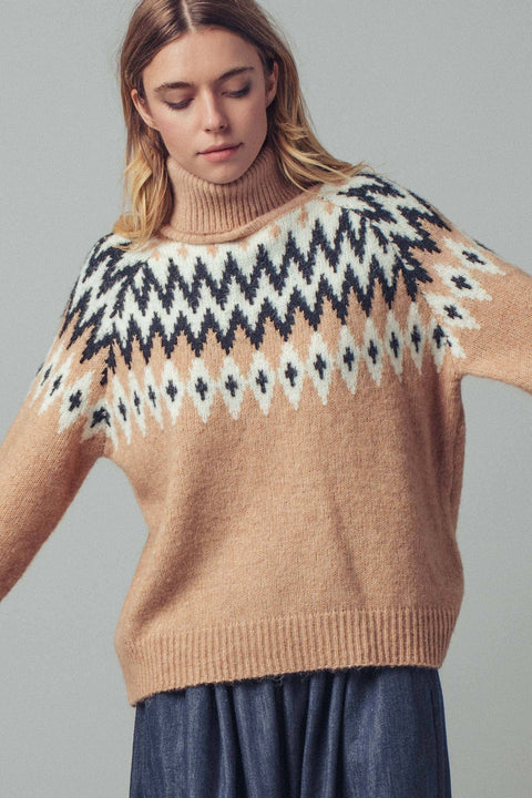 Fair Isle Knit Turtleneck Sweater: Taupe