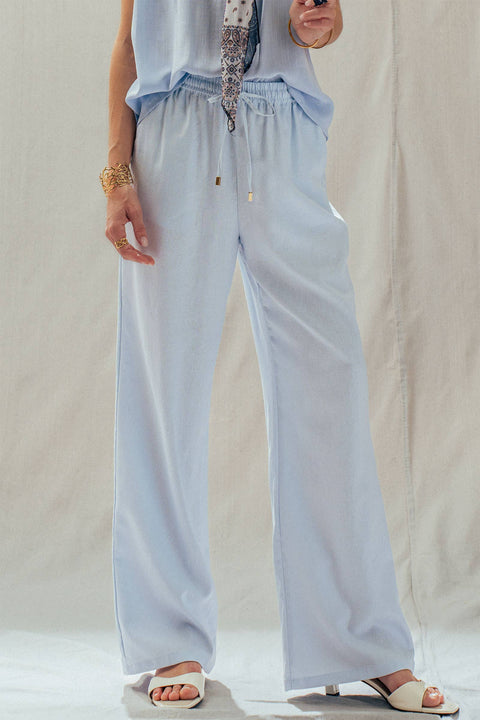 Linen Blend Wide Leg Pants Drawstring Waist: Pale Blue