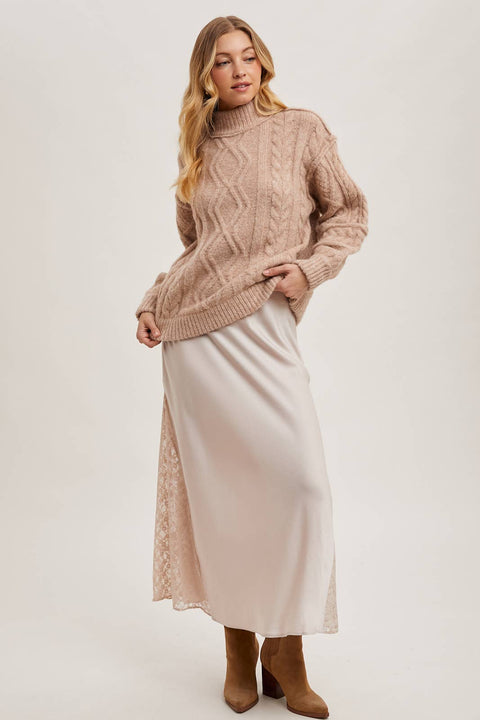 Turtleneck Cable Knit Sweater: Latte