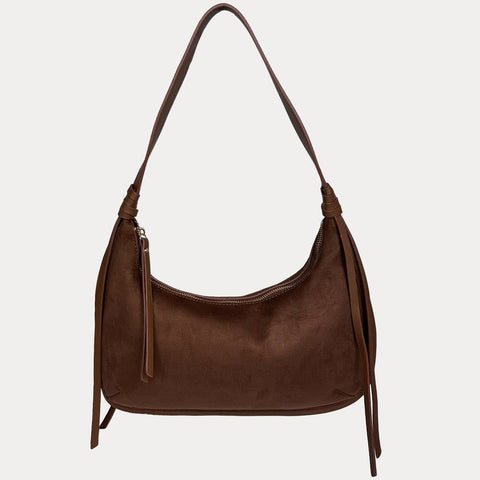 Sara Solid Suede Shoulder Bag w/ Tassels: Cream