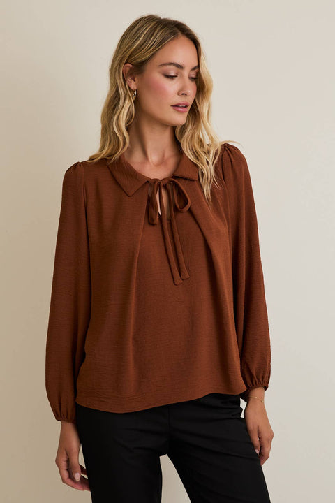 Brown Collar Tie Pleated Blouse