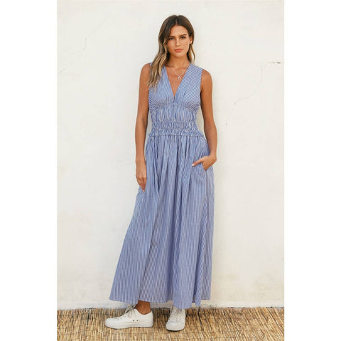 Blue & White Striped Midi Dress