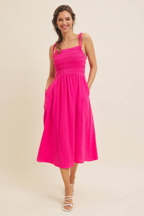 in february-VIBRANT SUMMER COTTON GAUZE SMOCKED MIDI DRESS WITH TIE STRA: HOT PINK / L-Pink Dot Styles