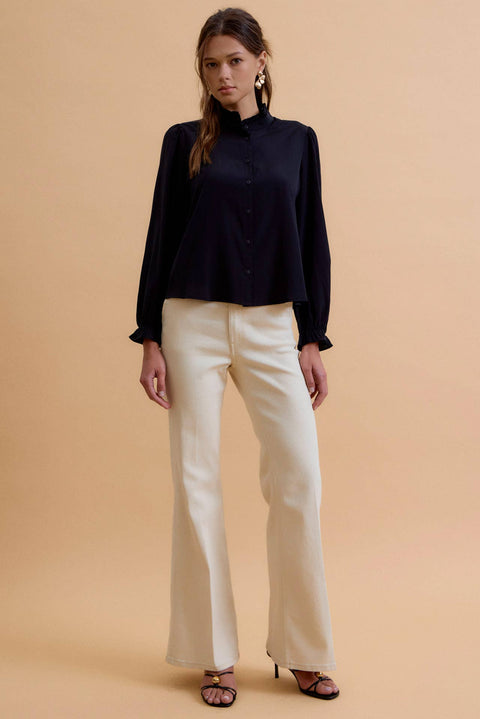Black Ruffle Mandarin Collar Blouse