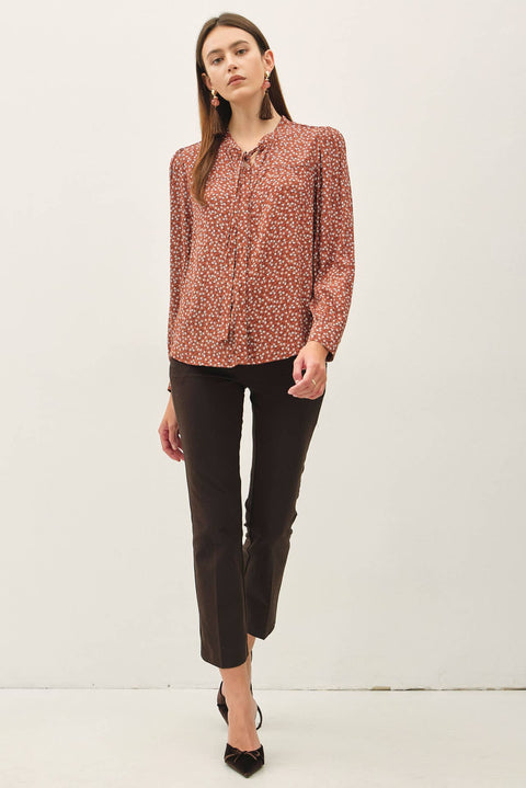 Ditsy Tie Front Collar Blouse: Terracotta