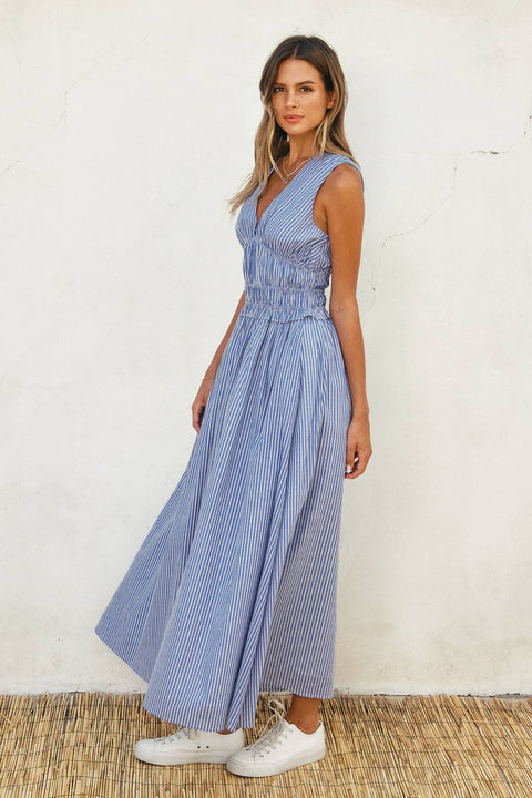 Blue & White Striped Midi Dress