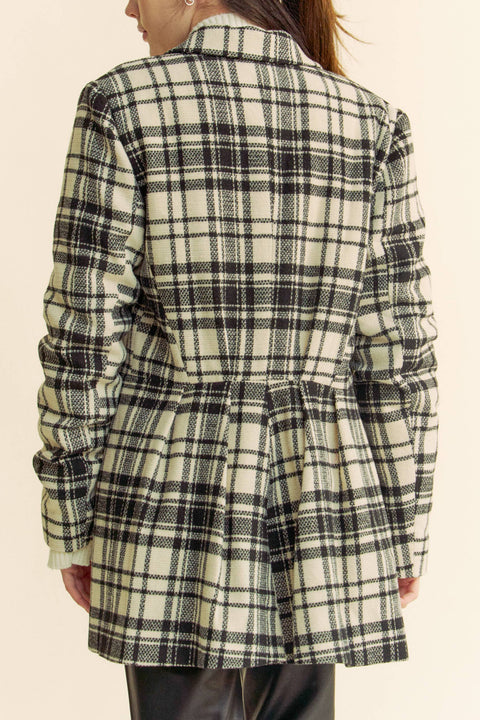 Davi & Dani-PLAID PLEATED DETAIL LONG SLEEVE BLAZER JACKET: IVORY BLACK / S-Pink Dot Styles