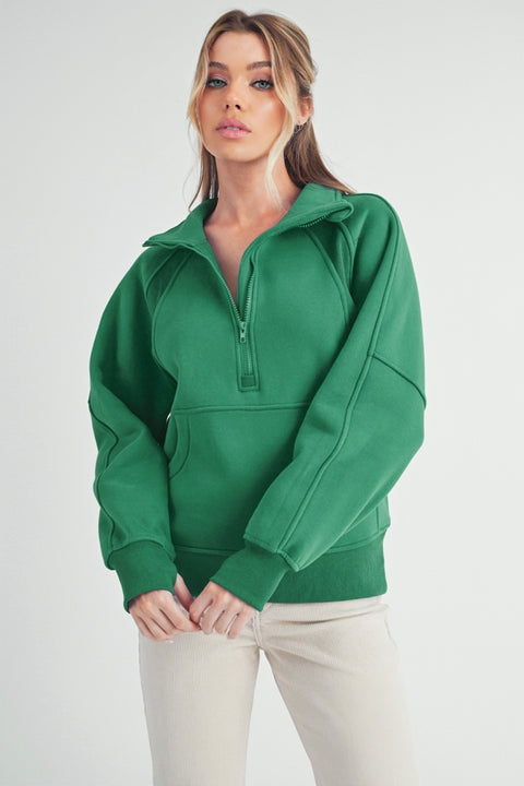 AEMI + CO-Long Dove Funnel Neck Half Zip: Lily Pad-Pink Dot Styles